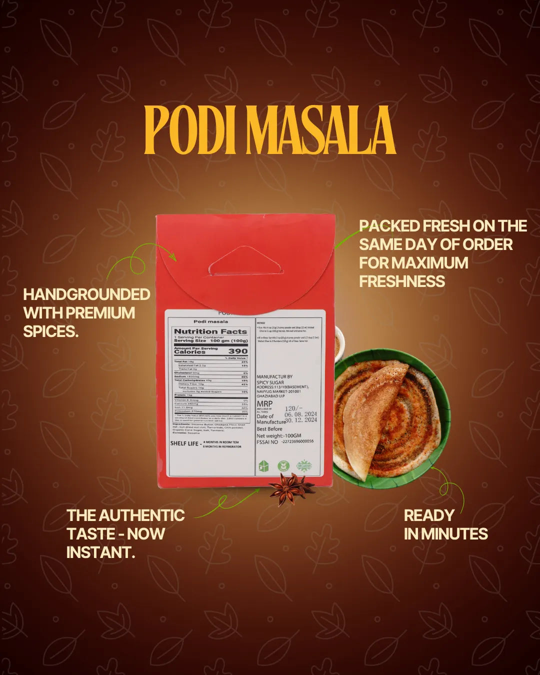 Spicy Sugar Podi Masala Premix, best podi masala, podi idli, tasty podi masala, presevatives free podi masala, best masala in indian market, south indian dish masala