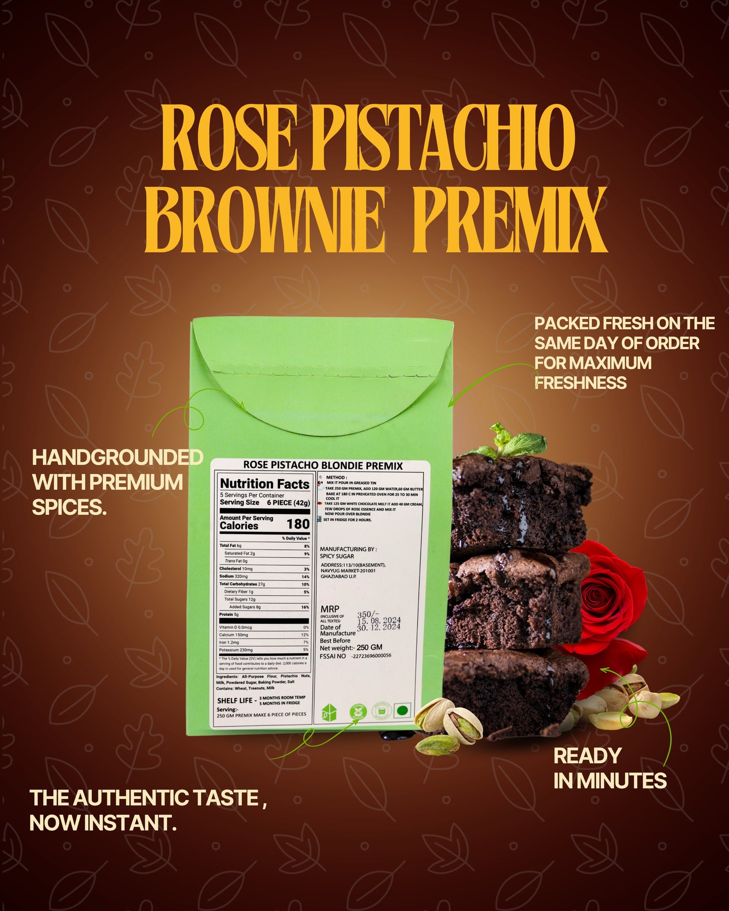 Pistacho brownie, rose pista brownie, brownie premix, wheat brownie, dubai style brownie, dubai brownie, spicy sugar premix