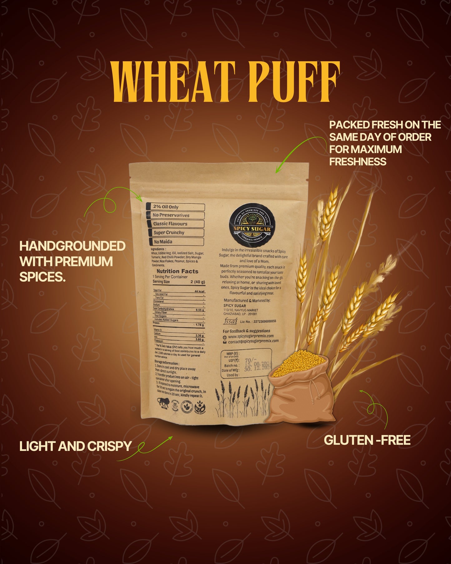 wheat puffs, healthy snacks, spicy sugar premix