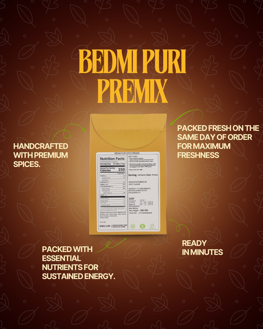 Bedmi puri premix, bedmi puri batter, indian puri, spicy sugar premix, bedmi puri mix
