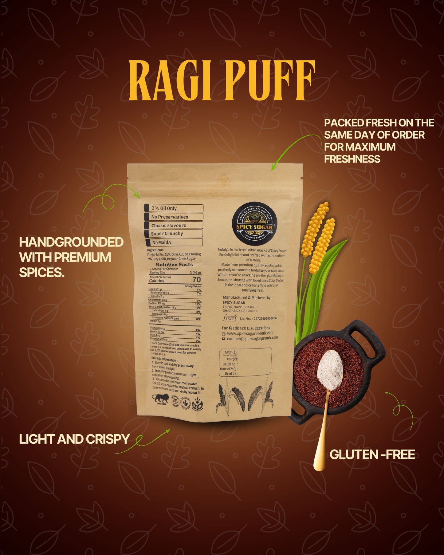 Ragi puffs, gluten-free snacks, healthy snacks, spicy sugar premix