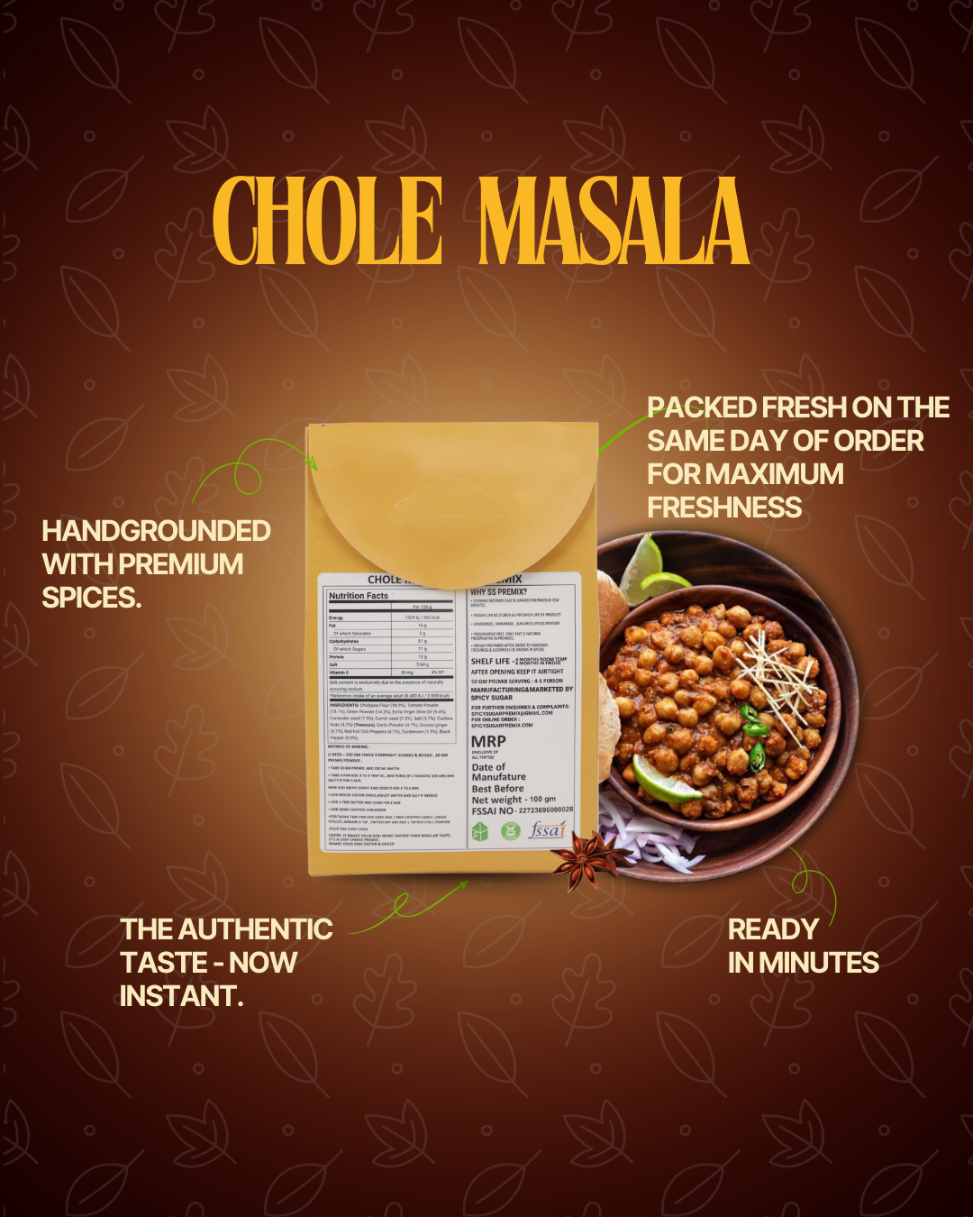Chhole masala, chhole bhature asala, chhole kulche masala, chhole puri, chickpea, spicy sugar premix, indianspices
