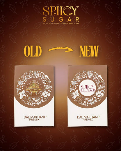 Comparison of 'Old' and 'New' Spicy Sugar packaging on a brown background with leaf patterns.