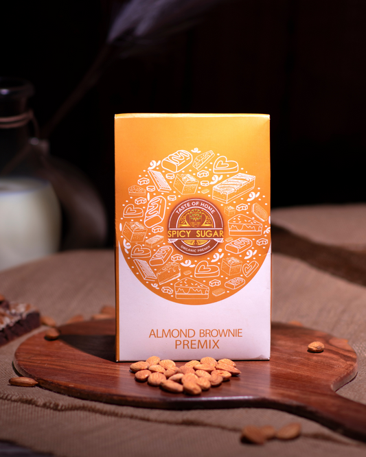 Almond brownie premix, brownie batter premix, brownie premix, fudge brownie, wheat brownie, healthy desserts, spicy sugar premix
