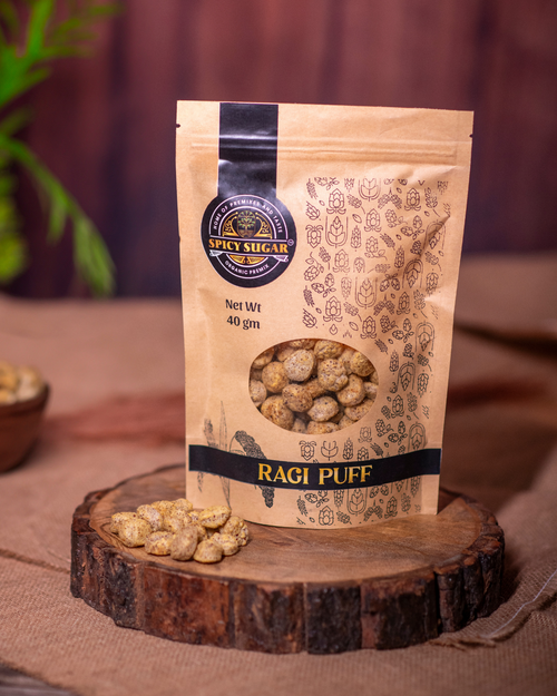 Ragi puffs, gluten-free snacks, healthy snacks, spicy sugar premix