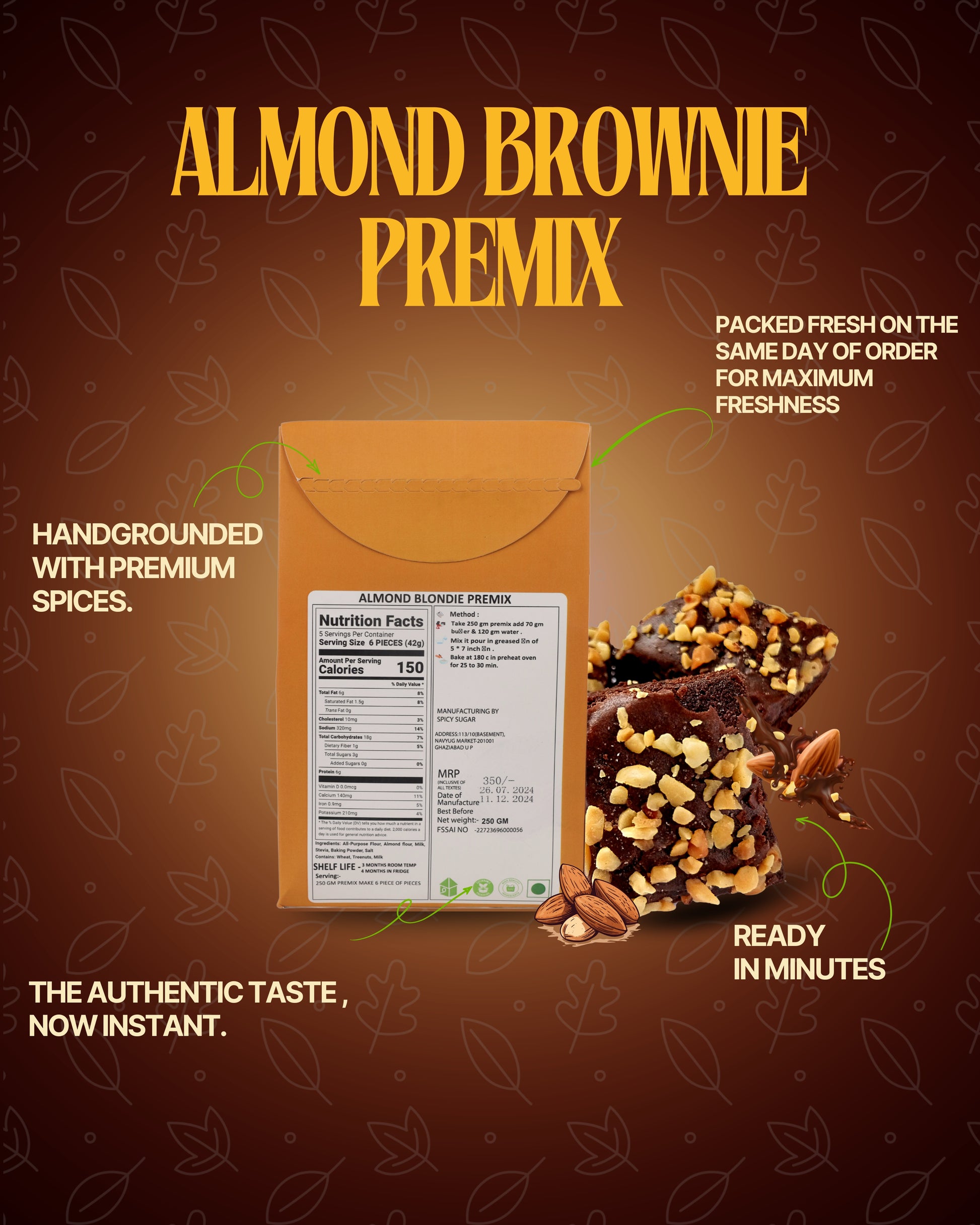 Almond brownie premix, brownie batter premix, brownie premix, fudge brownie, wheat brownie, healthy desserts, spicy sugar premix