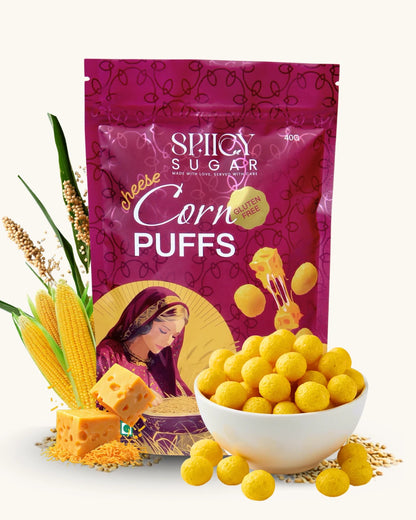 Spiicy Sugar Cheese Corn Puffs packaging with corn, cheese, and puffs, Corn puffs, gluten-free snacks, tea-time snacks, healthy snacks