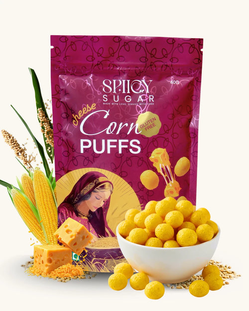 Spiicy Sugar Cheese Corn Puffs packaging with corn, cheese, and puffs, Corn puffs, gluten-free snacks, tea-time snacks, healthy snacks
