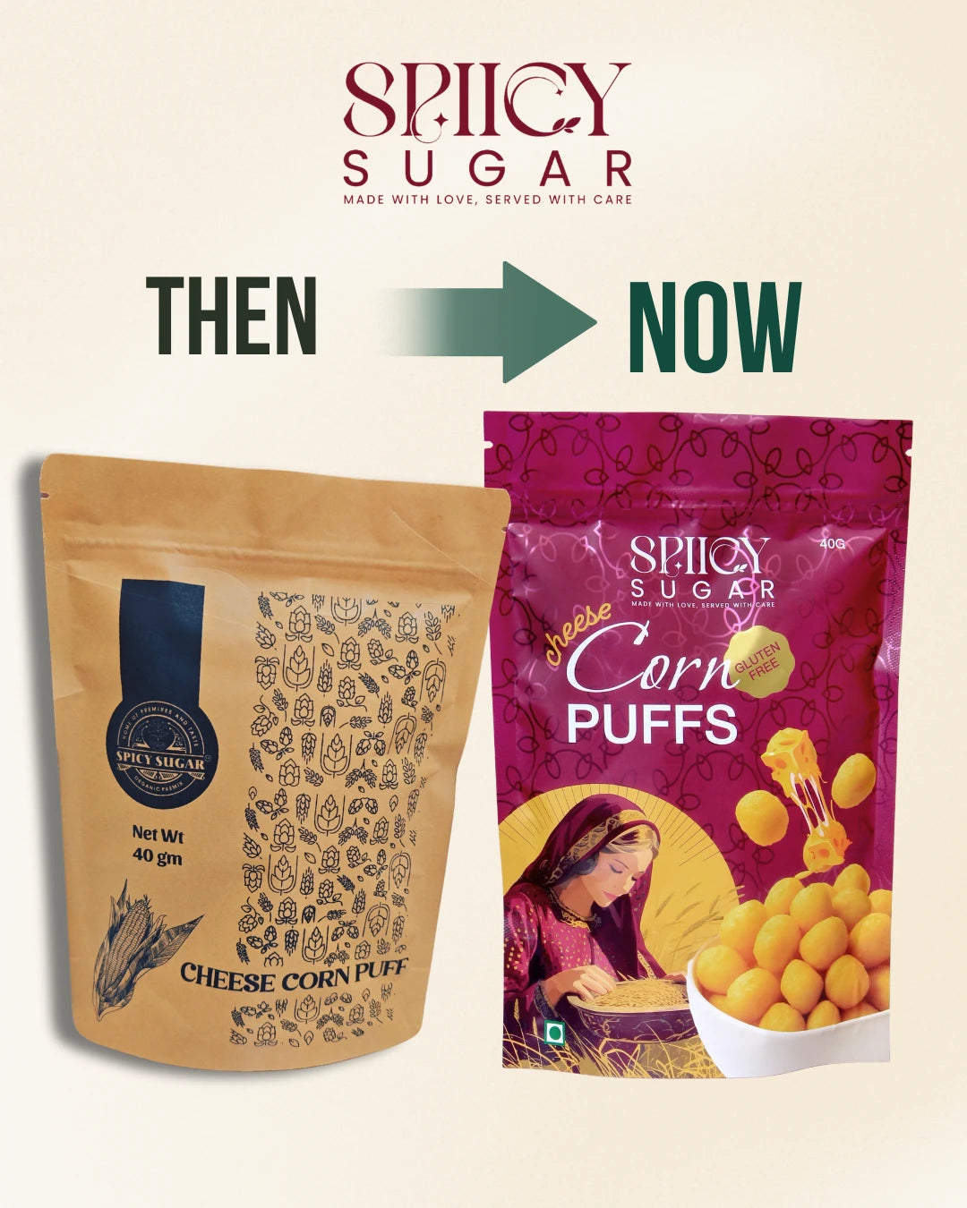 Comparison of Spicy Sugar cheese corn puff packaging 'Then' and 'Now' , new packaging cheese corn puffs