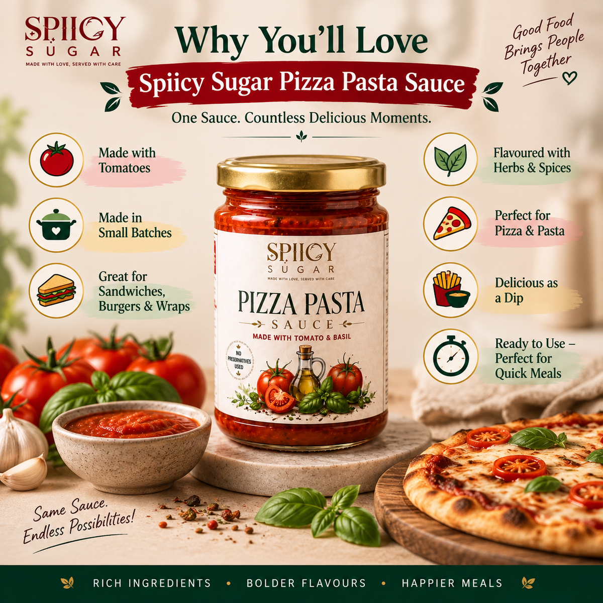 Spiicy Sugar - Pizza Pasta Sauce | Ready-to-Use Tomato Pizza & Pasta Sauce | Italian Style Sauce for Pizza, Pasta, Sandwiches, Burgers & Dips