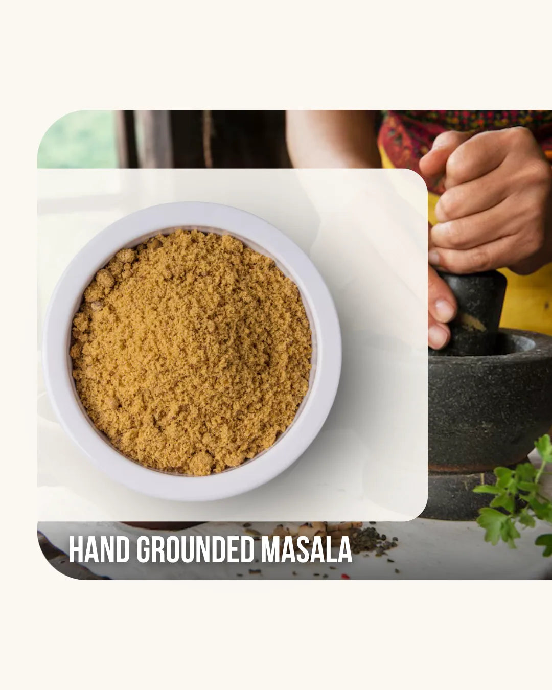 Hand-ground masala in a white bowl with a pestle and mortar 