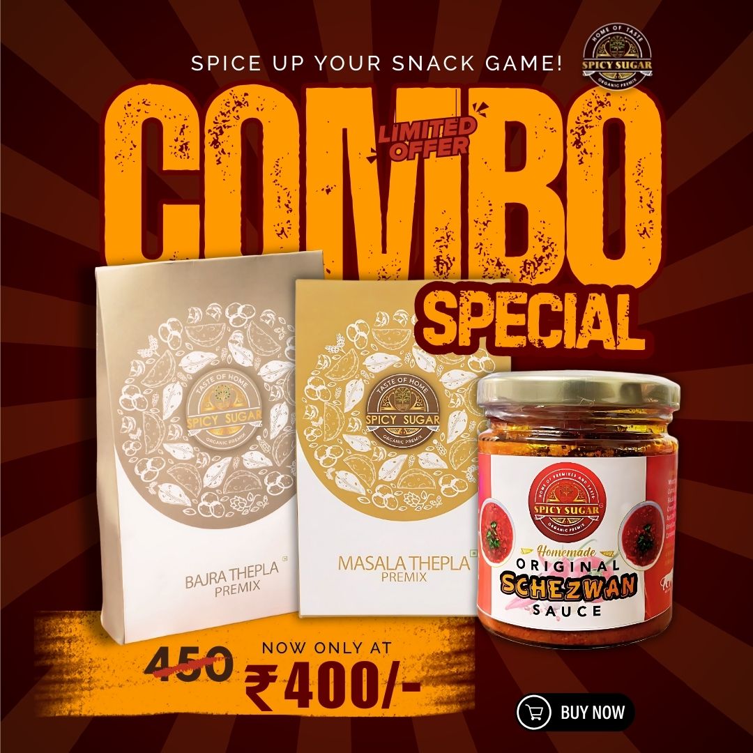 Combo by spicy sugar premix, schezwan sauce, masala thepla, jawar thepla, jowar thepla 
