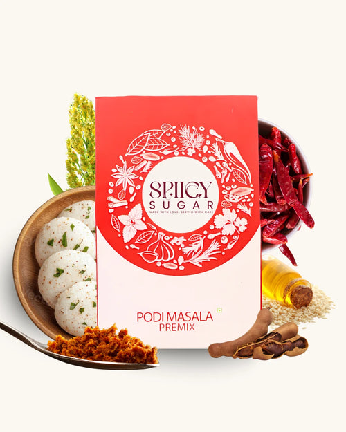 Spicy Sugar Podi Masala Premix, best podi masala, podi idli, tasty podi masala, presevatives free podi masala, best masala in indian market, south indian dish masala