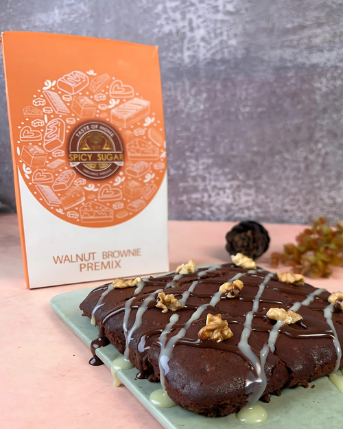 Walnut brownie, brownie premix, healthy brownie premix, spicy sugar premix, wheat brownie, healthy brownie, dessert premix