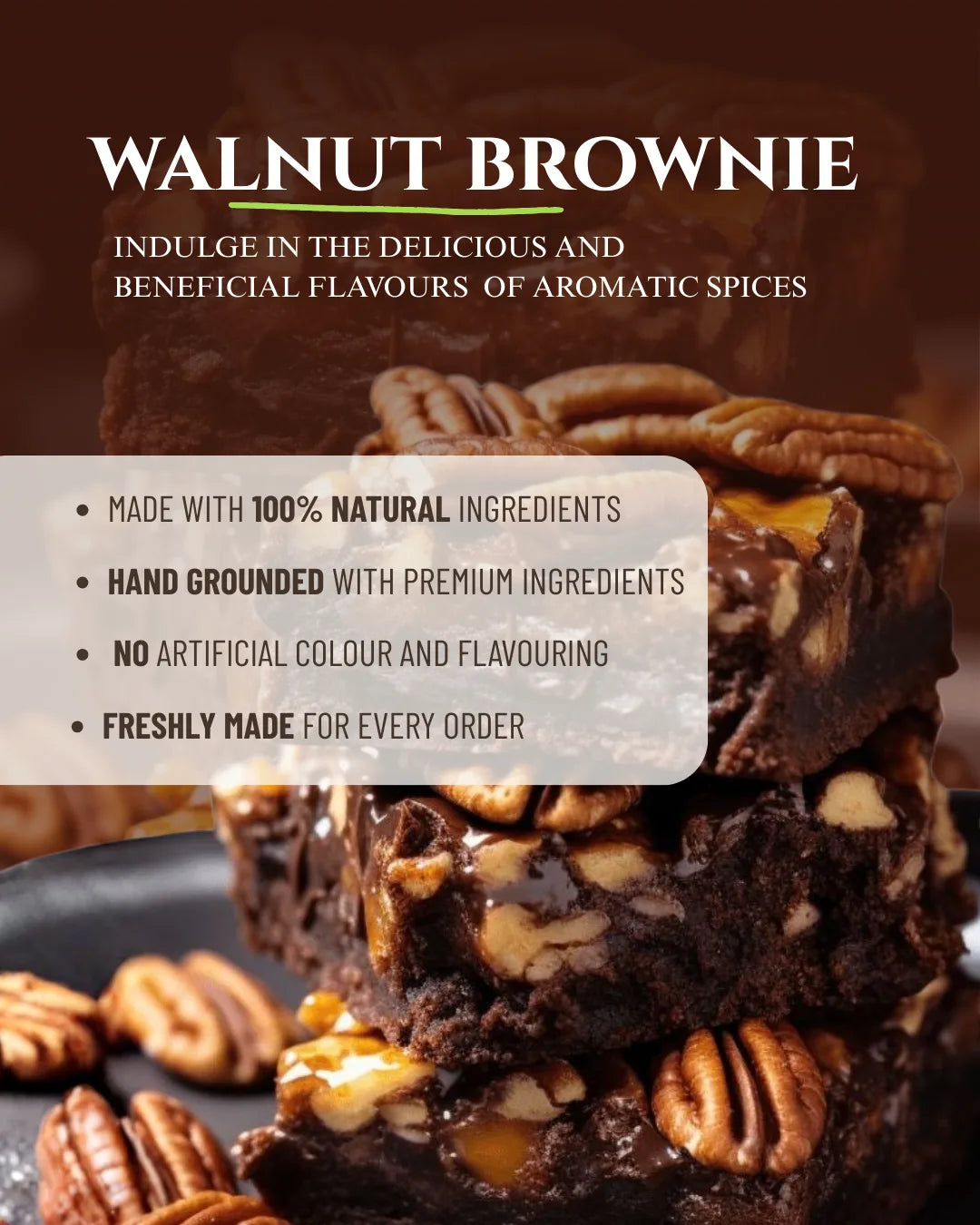 Walnut brownie, brownie premix, healthy brownie premix, spicy sugar premix, wheat brownie, healthy brownie, dessert premix