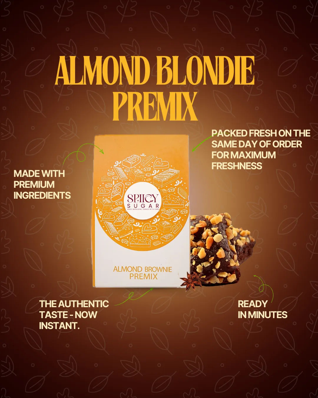 Almond brownie premix, brownie batter premix, brownie premix, fudge brownie, wheat brownie, healthy desserts, spicy sugar premix