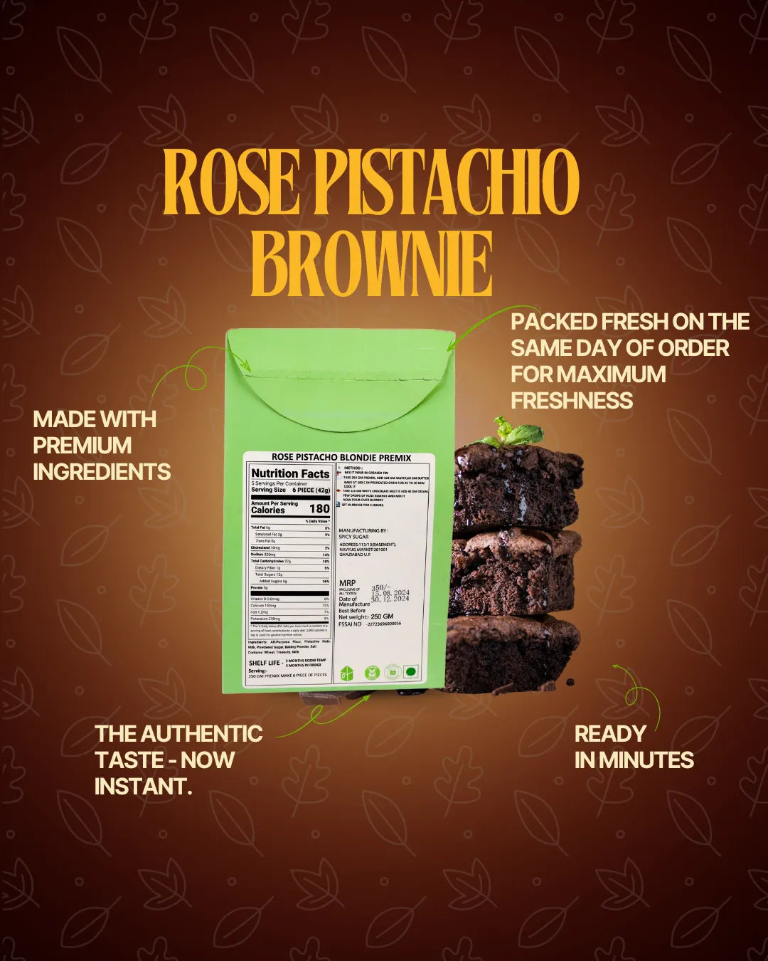 Pistacho brownie, rose pista brownie, brownie premix, wheat brownie, dubai style brownie, dubai brownie, spicy sugar premix 
