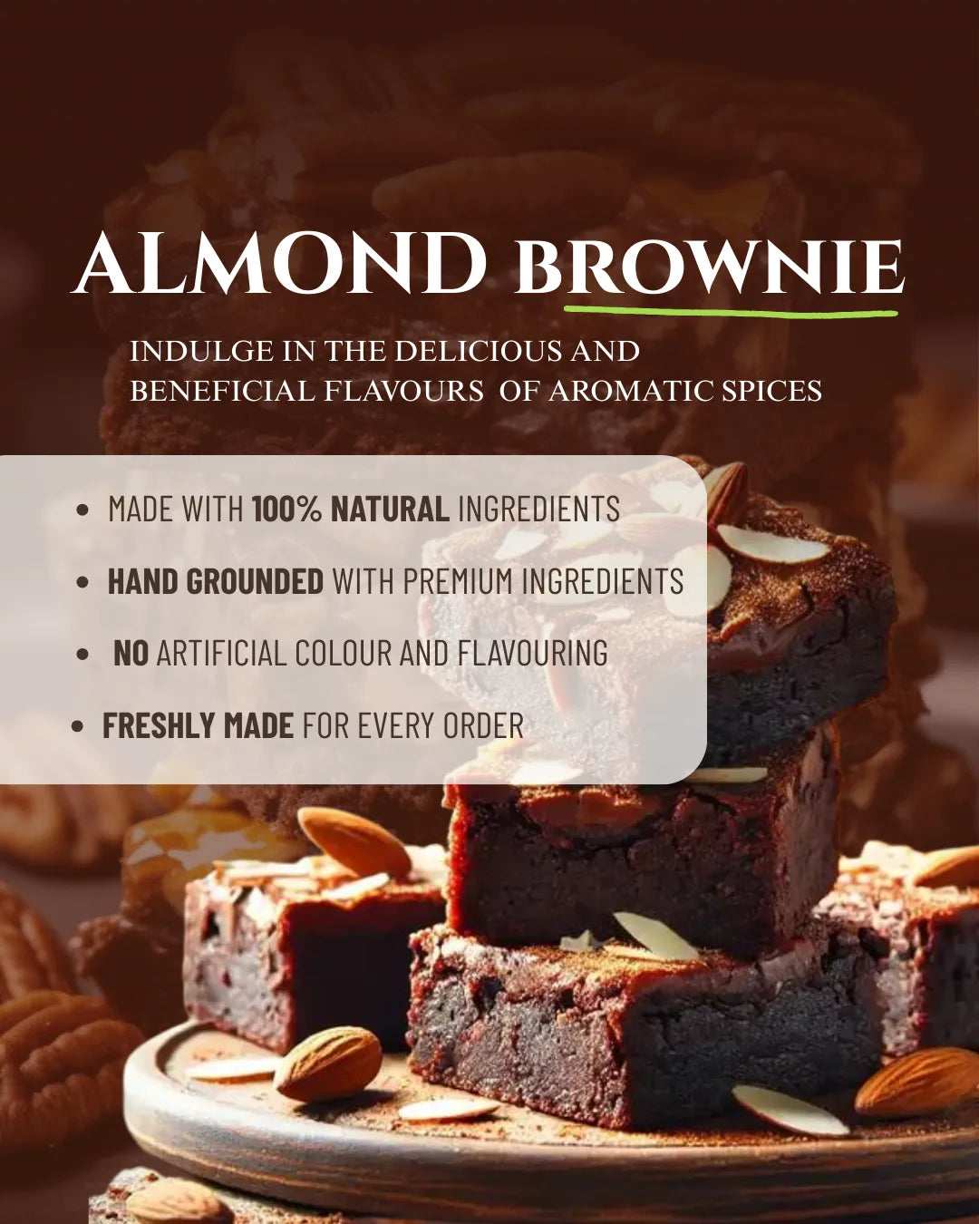 Almond brownie premix, brownie batter premix, brownie premix, fudge brownie, wheat brownie, healthy desserts, spicy sugar premix