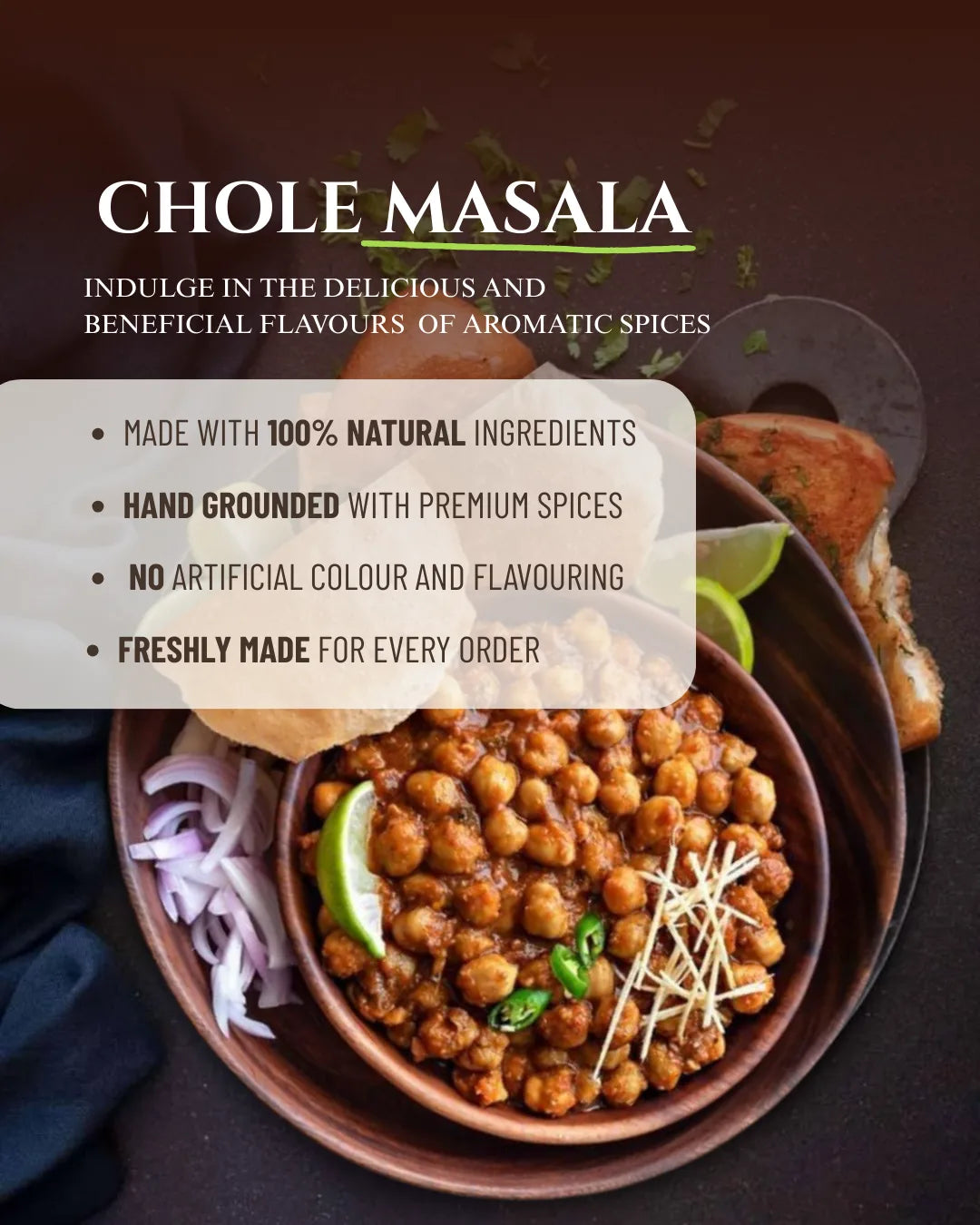 Chhole masala, chhole bhature asala, chhole kulche masala, chhole puri, chickpea, spicy sugar premix, indianspices