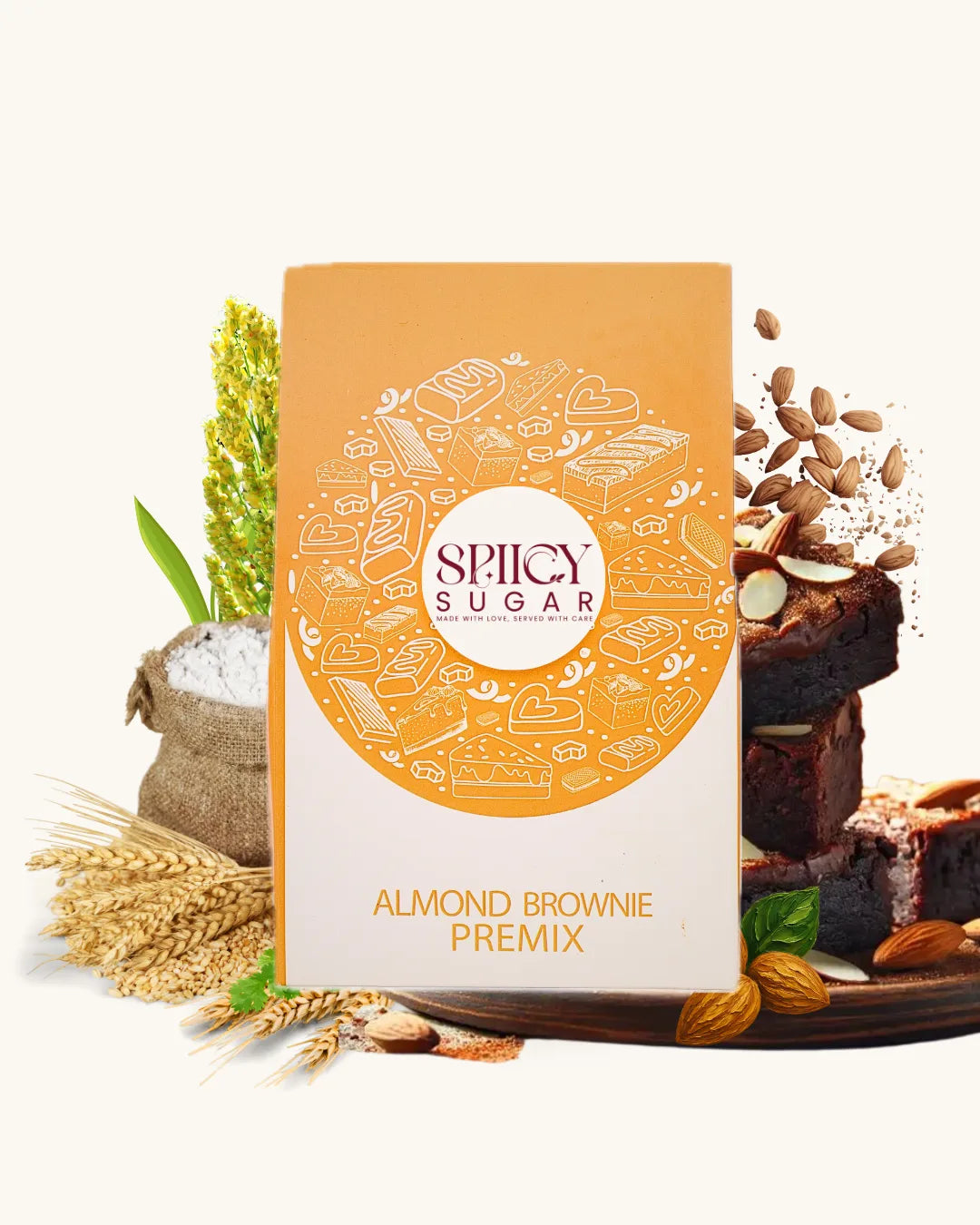 Almond brownie premix, brownie batter premix, brownie premix, fudge brownie, wheat brownie, healthy desserts, spicy sugar premix